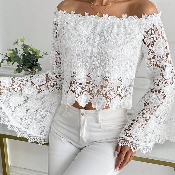 White Elegant Women's Summer Solid Color Lace Off-Shoulder Flare Sleeve Blouse - Picture 6 of 6